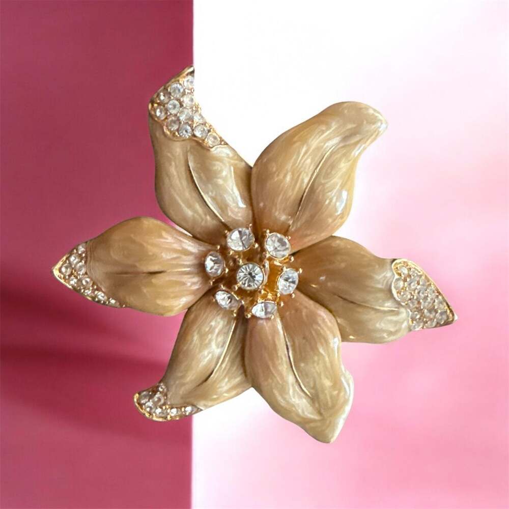 Nolan Miller Enamel Gold Tone Rhinestone Flower Brooch